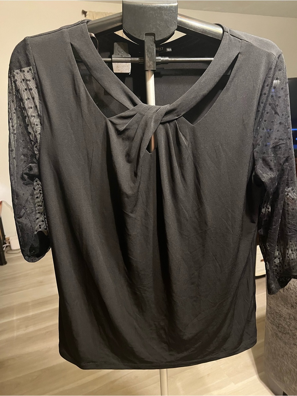 Nine West Black Knot-Front Blouse with Sheer Dot Sleeves